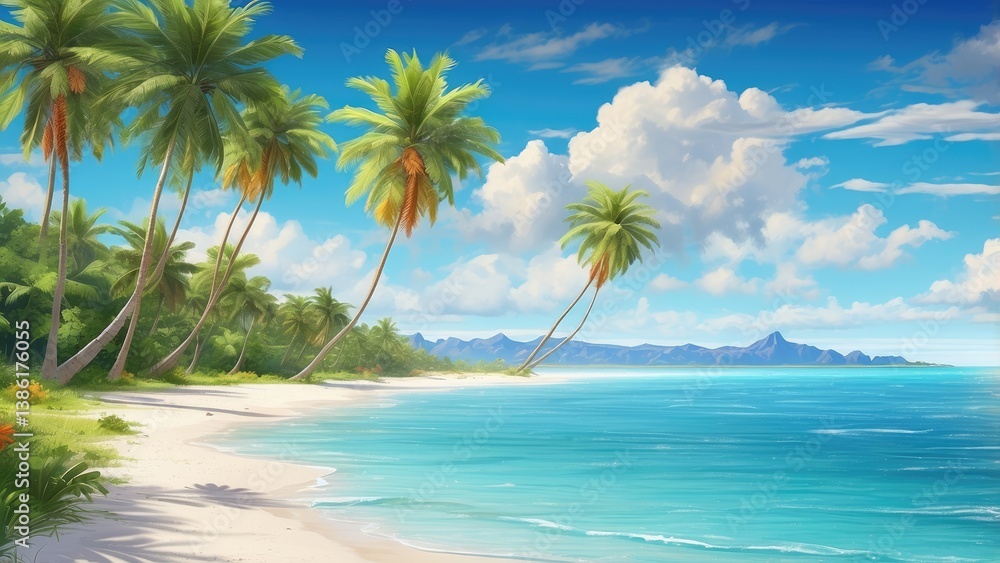 Fototapeta premium A serene beach scene with white sand, gentle waves