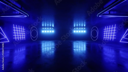 Sci Fi Futuristic Laser Blue Neon Glowing Lights Concrete Room Warehouse Corridor Underground Bunker Studio Showroom Camera Dolly Fly Empty Product Title Space Cyber Alien Spaceship 3D Animation