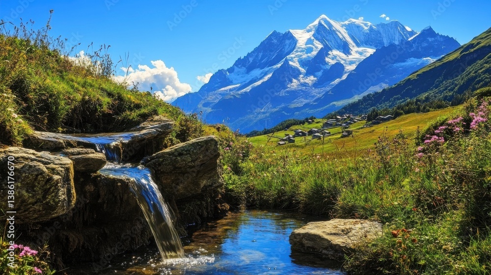 Fototapeta premium Pure water spring flowing from the swiss alps in summer