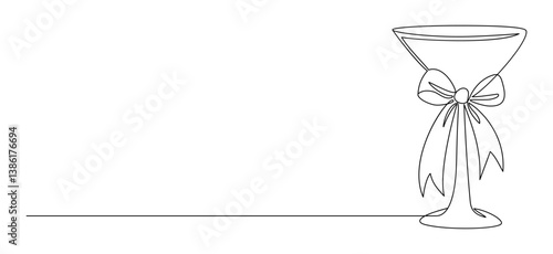 Coquette Glass Cocktail with Ribbon Bow in One Continuous Line Drawing. Romance Aesthetic Drink, Girly Vibe. Simple Linear Vector Illustration. Hand Drawn Monoline. Horizontal Banner Line Art