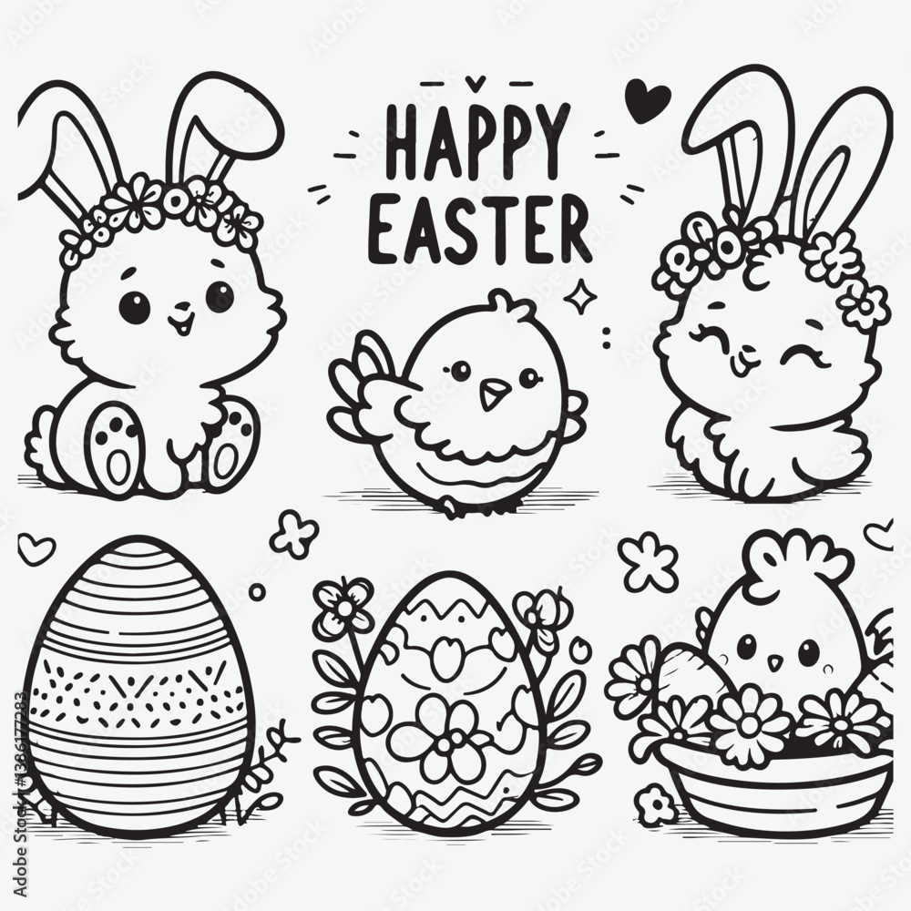 Fototapeta premium Happy Easter. Cute Easter bunny. Easter chicken. Easter eggs. Vector set stock illustration
