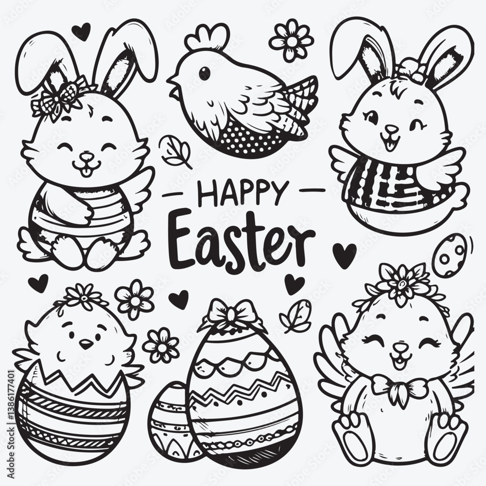 Fototapeta premium Happy Easter. Cute Easter bunny. Easter chicken. Easter eggs. Vector set stock illustration