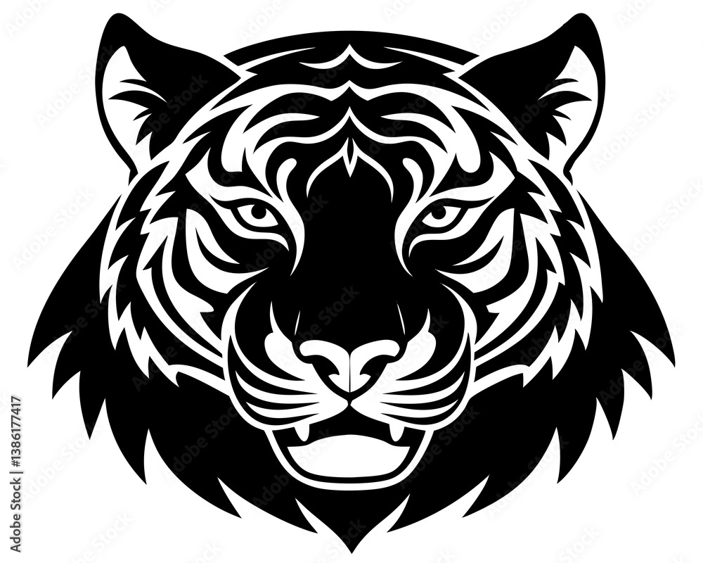 A tiger face silhouette on white background. A tiger face silhouette on white background.