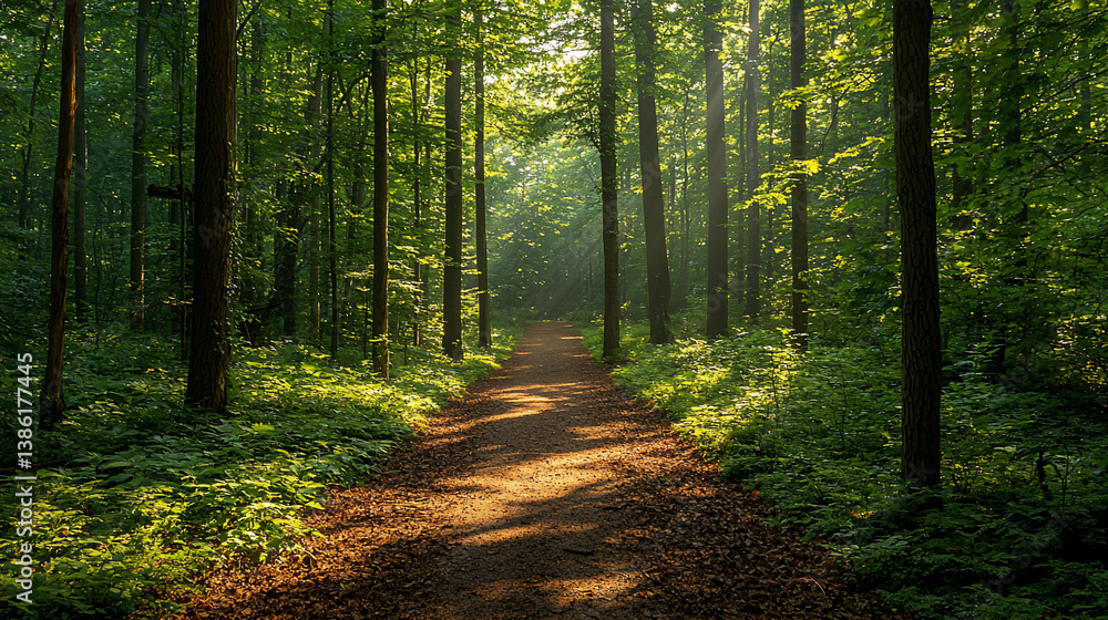 Obraz premium Sunny Forest Path Through Trees (1)