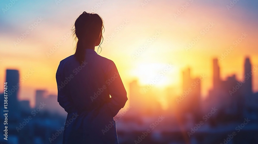 Fototapeta premium Silhouette of Healthcare Worker Against Sunset City Skyline