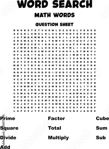 Math Word Search Puzzle Prime, Square, Cube, Add, Subtract