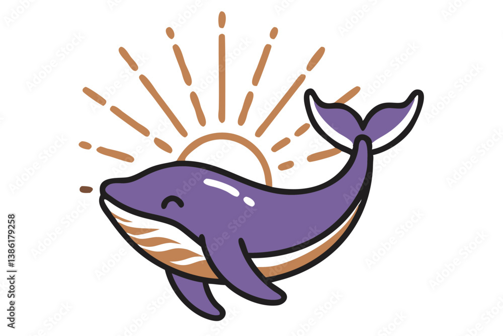 Fototapeta premium Illustration Of Purple Whale Under Sun With Rays On Black Background