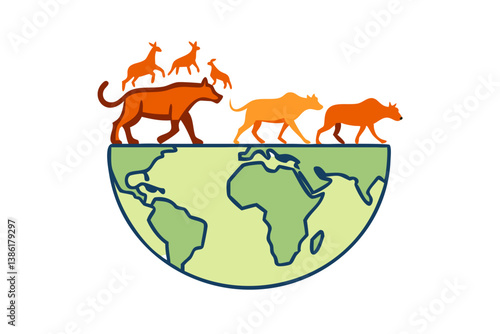 Hyenas Walking Around The Earth,Animal Migration Illustration,Global Wildlife Concept