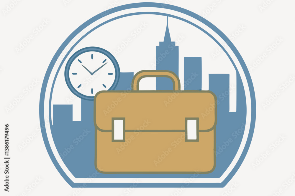 Business Time Management Showing Briefcase Clock And Cityscape Vector Illustration Icon Business Time Management Showing Briefcase Clock And Cityscape Vector Illustration Icon