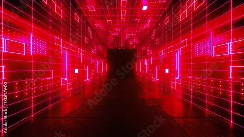 Sci Fi Futuristic Laser Neon Red Glowing Lights Concrete Room Warehouse Corridor Underground Bunker Studio Showroom Camera Dolly Fly Empty Product Title Space Cyber Alien Spaceship 3D Animation
