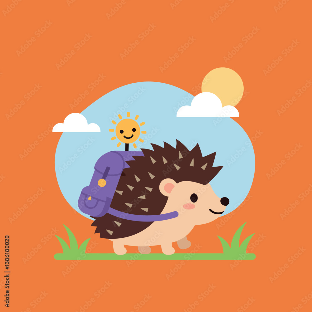 Fototapeta premium Cute hedgehog with a backpack exploring a sunny landscape in flat vector art