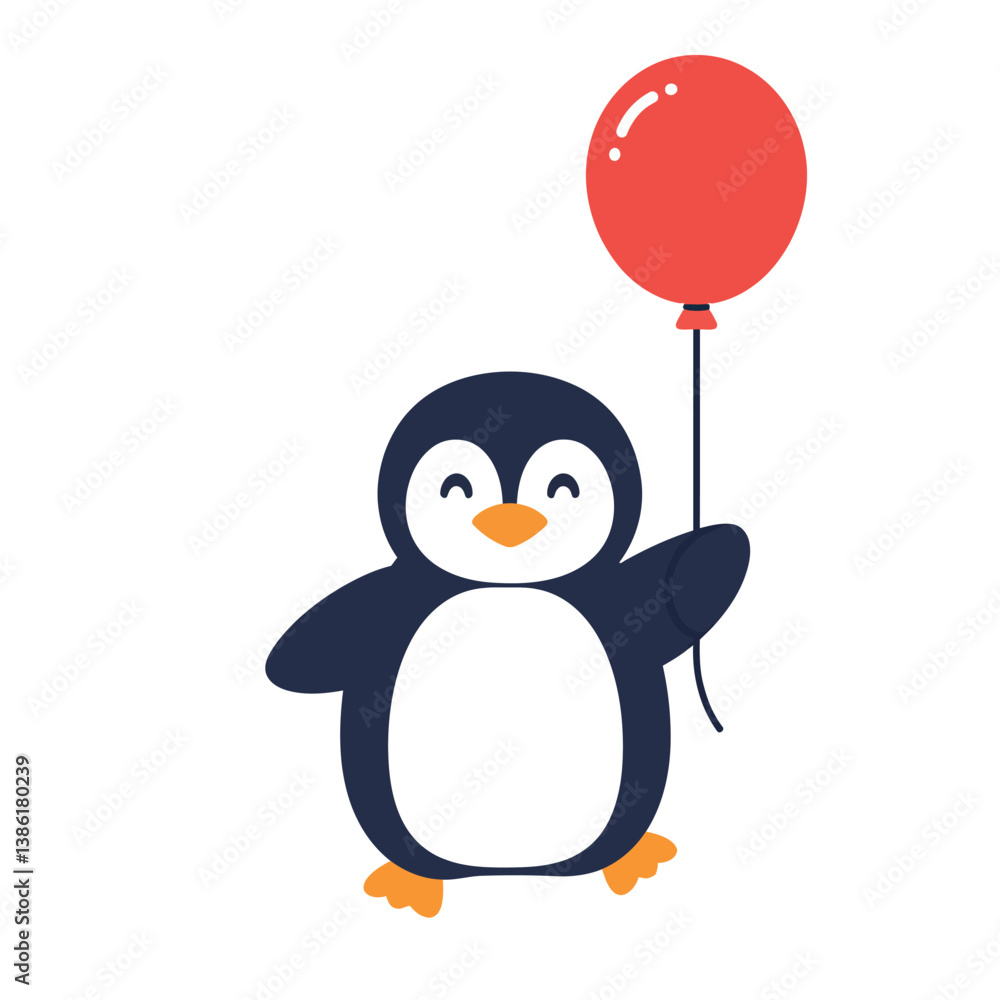 Fototapeta premium Cute penguin holding a red balloon in a flat, cheerful style of vector art