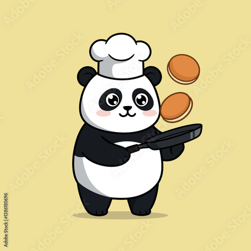 Panda chef playfully flipping pancakes in a cute and colorful flat vector illustration