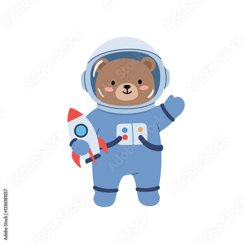 Cute bear in a blue astronaut suit holding a small rocket in flat vector illustration