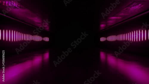 Sci Fi Futuristic Laser Neon Purple Glowing Lights Concrete Room Warehouse Corridor Underground Bunker Studio Showroom Camera Dolly Fly Empty Product Title Space Cyber Alien Spaceship 3D Animation