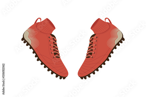 Pair of red American football cleats with spikes for strong grip on grass field surfaces.