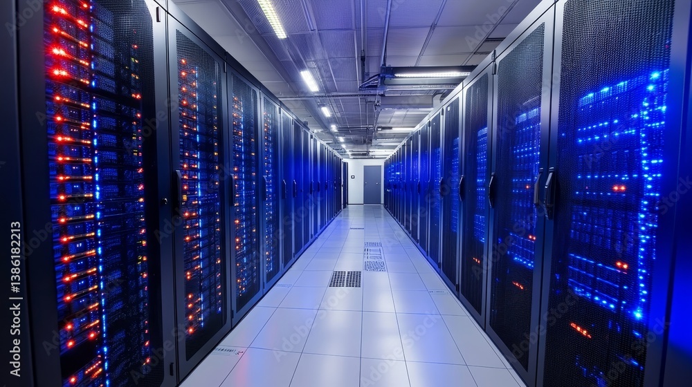 Data Center Server Room Infrastructure - Rows of server racks illuminate a modern data center, showcasing advanced technology and infrastructure Data Center Server Room Infrastructure - Rows of server racks illuminate a modern data center, showcasing advanced technology and infrastructure