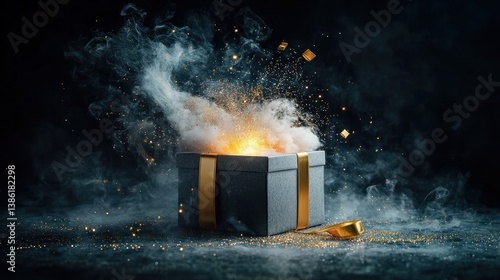 Gift exploding with light and smoke