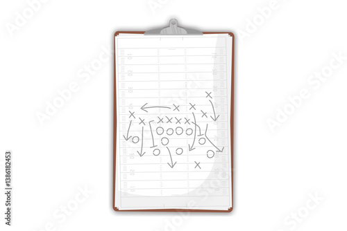Clipboard illustration with American football play strategies and X-O diagrams for coaching and planning.