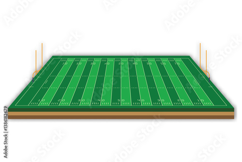 Isometric American football field illustration showing turf layout, sidelines, and yard lines in 3D view.