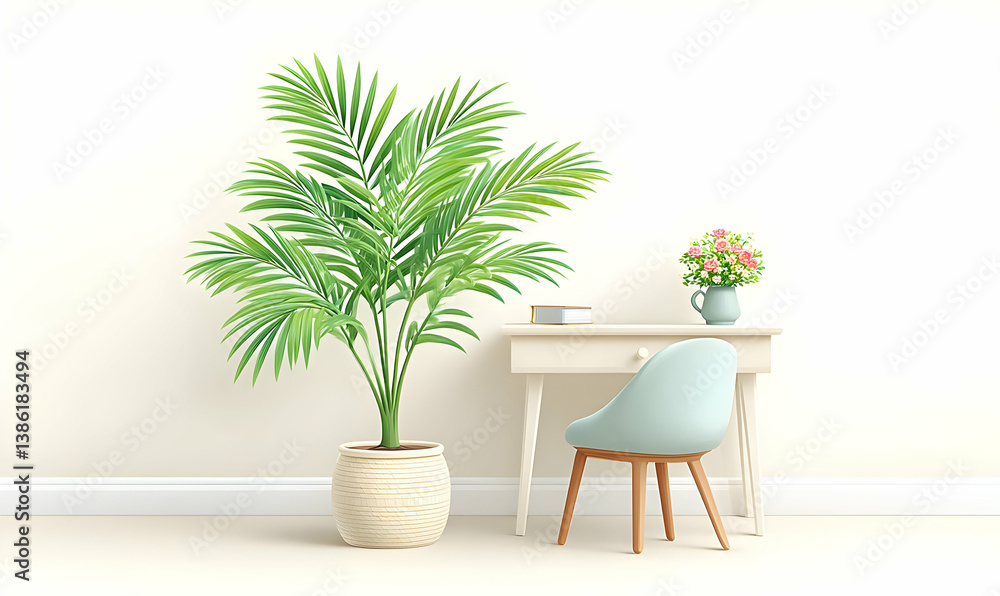Fototapeta premium Minimalist Home Office Design with Green Plant and Stylish Chair