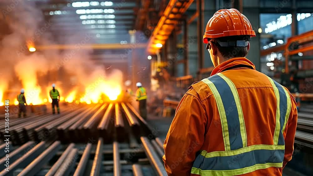 The safety officer examines the steel beams for any signs of wear, molten metal glowing brightly in the background as workers in reflective suits ensure the smooth flow of operatio The safety officer examines the steel beams for any signs of wear, molten metal glowing brightly in the background as workers in reflective suits ensure the smooth flow of operatio
