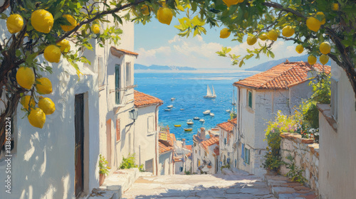 Fototapeta Naklejka Na Ścianę i Meble -  Lemon branches framing a quiet seaside alley, white stucco homes and terracotta rooftops glowing under sunlight, vibrant blue ocean stretching to the horizon