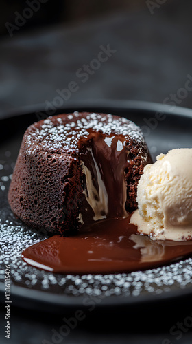 Gooey Molten Chocolate Cake with Vanilla Bean Ice Cream on a Dark Plate Sprinkled with Powdered Sugar and Cocoa Sauce