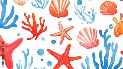 Marine life watercolor illustration, vibrant sea pattern for artistic design