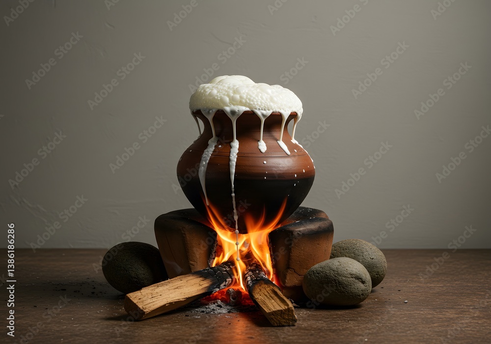 Fototapeta premium Traditional Sri Lankan Avurudu Boiling Milk Ceremony Clay Pot Firewood Rocks