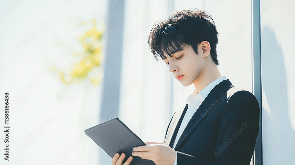 Japanese man in suit using tablet positioned off-cen Japanese man in suit using tablet positioned off-cen