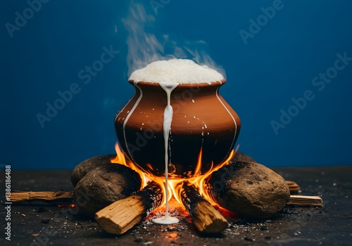 Traditional Sri Lankan Avurudu Boiling Milk Ceremony Clay Pot Firewood Rocks Blue Background