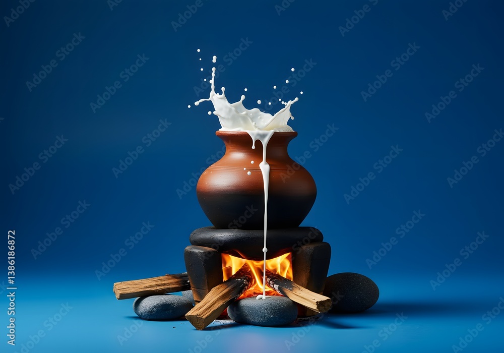 Fototapeta premium Traditional Sri Lankan Avurudu Boiling Milk Ceremony Clay Pot Firewood Rocks Blue Background