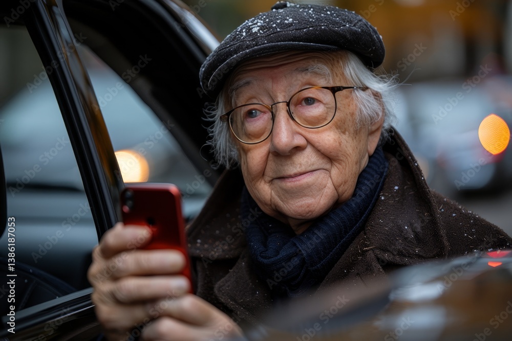 Obraz premium Elderly man in a car wearing a cap and glasses captures beautiful nature view with smartphone