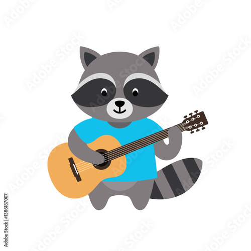 Cute raccoon playing guitar in a vibrant blue shirt, flat vector art