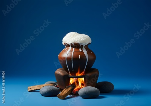 Traditional Sri Lankan Avurudu Boiling Milk Ceremony Clay Pot Firewood Rocks Blue Background