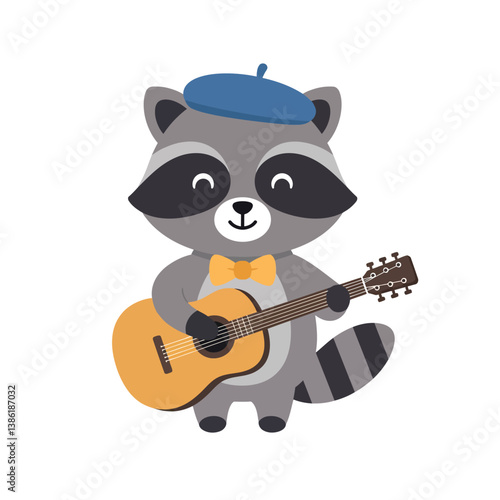 Playful raccoon wearing a beret and bow tie strumming a guitar in a charming flat vector illustration