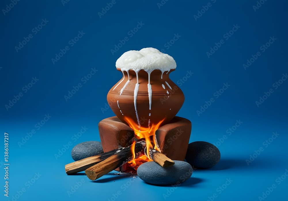 Fototapeta premium Traditional Sri Lankan Avurudu Boiling Milk Ceremony Clay Pot Firewood Rocks Blue Background