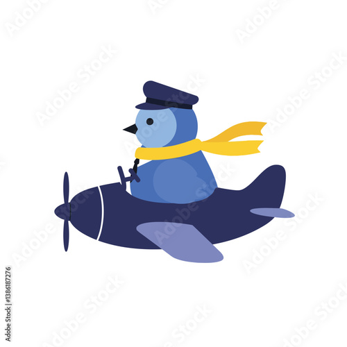 A cheerful blue bird pilot wearing a hat and scarf flying an airplane in flat vector art