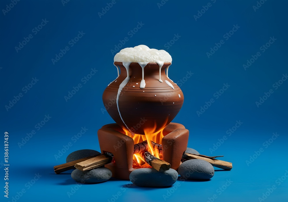 Fototapeta premium Traditional Sri Lankan Avurudu Boiling Milk Ceremony Clay Pot Firewood Rocks Blue Background
