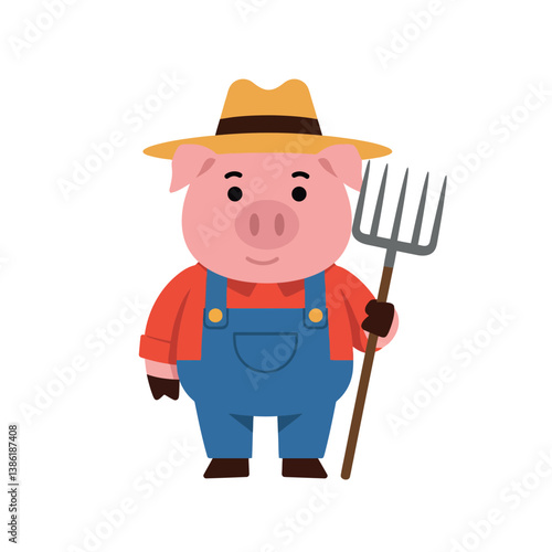 A cheerful cartoon pig wearing overalls and a straw hat holding a pitchfork in a flat vector illustration