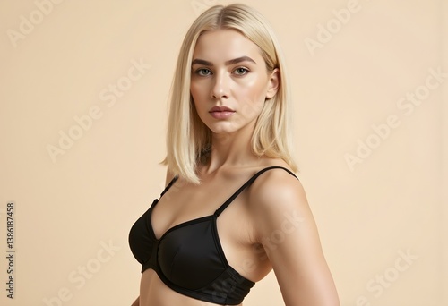 Wallpaper Mural Blonde Fashion Model with Ultra-Lifted Brows and Cat Eye Look, Wearing Strappy Black Lingerie in a Minimalist Cream Studio Setting for a Modern Editorial Aesthetic Torontodigital.ca