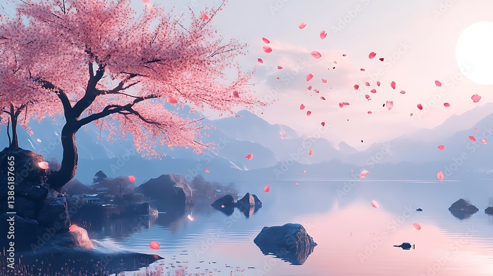 A beautiful springtime landscape featuring cherry blossoms and a lake