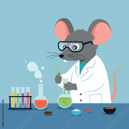 A cartoon mouse in a lab coat conducting experiments with colorful liquids in a flat vector illustration
