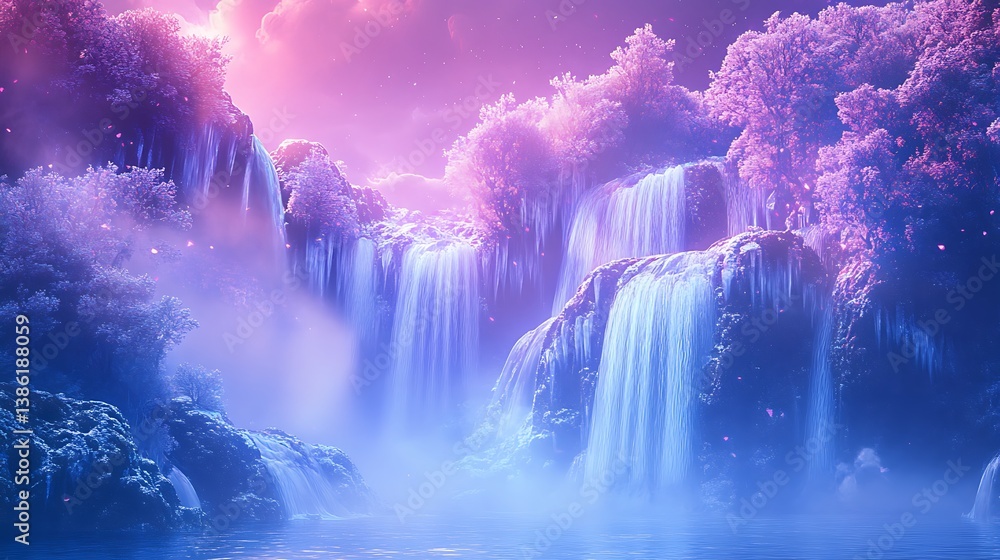 A stunning purple and blue waterfall flows through the landscape