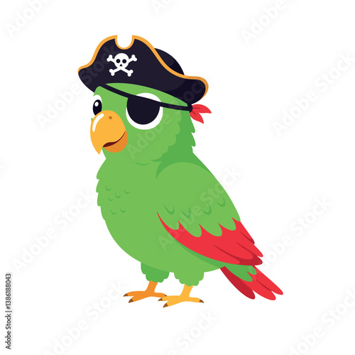 Colorful pirate parrot wearing a hat and eye patch in flat vector art