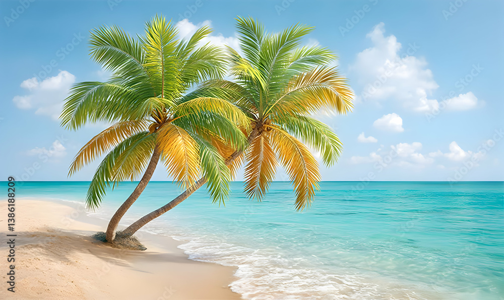Fototapeta premium Serene Beach with Palm Trees and Turquoise Water in Bright Sunshine