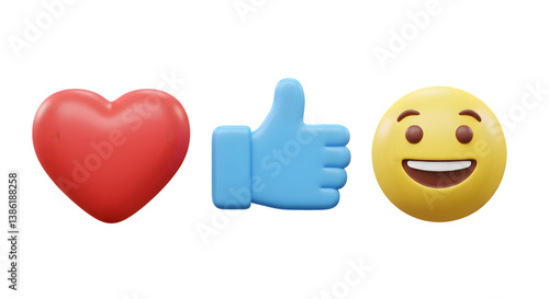 Three dimensional heart like and smiley face icons against black background