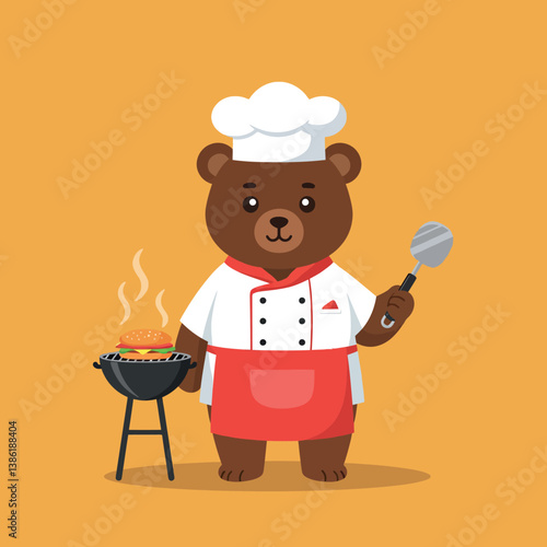 A cute bear chef in a white uniform grilling burgers in a flat, colorful style of vector art