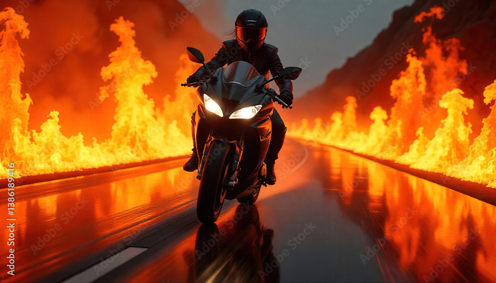 Modern brave girl in helmet, black leather jacket rides racing motorcycle, background is engulfed in flames,